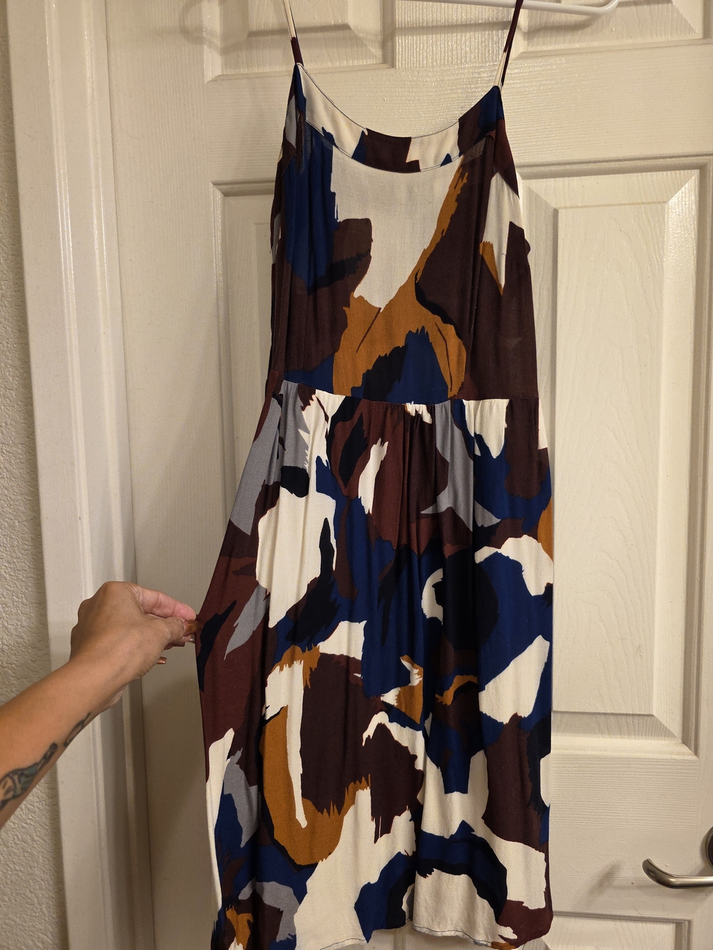 LOFT Abstract Midi Dress in Blue, Brown & Cream